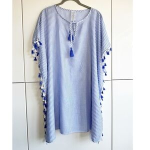 Time and Tru Swim Coverup Kimono Blue White Stripe Tassels Swim Resortwear Large